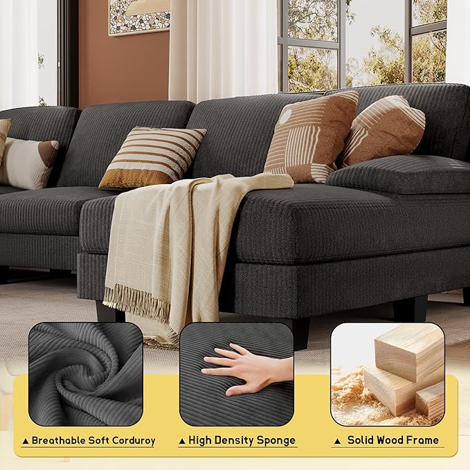 JUMMICO Sectional Couches for Living Room U Shaped Couch with Chenille Fabric 4 Seat Modern Sofa with Removable Pillows for Apartment and Small Space (Corduroy Light Grey)