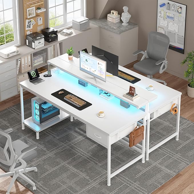 Computer Desk with Ergonomic Monitor Stand &amp CPU Stand47.2 Gaming Desk with 1 Drawer &amp Power Outlet &amp LED Lights for Home Work Bedroom Study and Gaming Small SpacesWhite