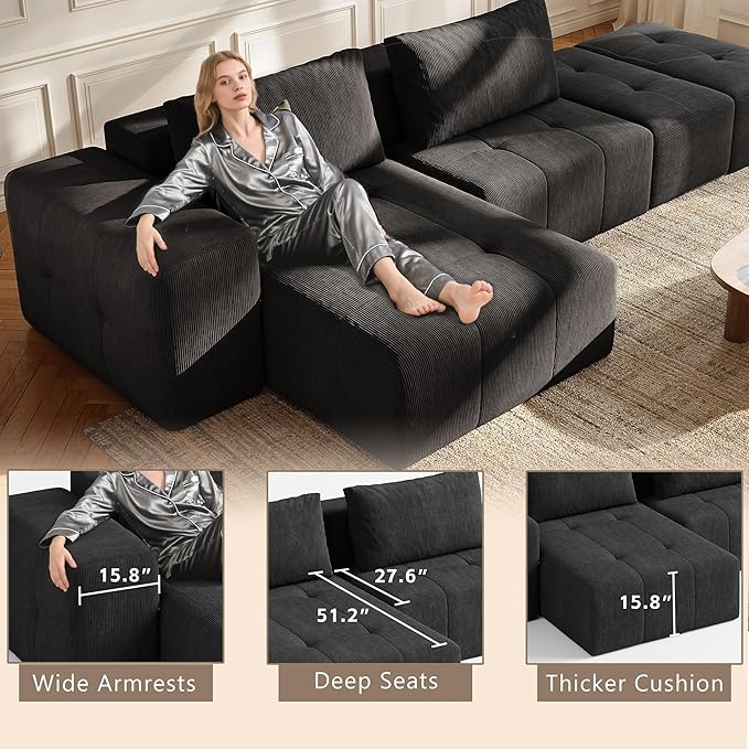 wanan 141 Boneless Couch for Living Room Oversize Cloud Sectional Sofa with Deep Seat L Shaped Modern Cloud Sleeper Sofa Bed with Chaise Black