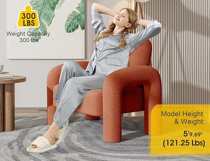 Modern Sherpa Accent Chair Teddy Upholstered Arm Single Sofa Cozy Fluffy Reading Chair for Living Room Bedrooms Corner (Orange)