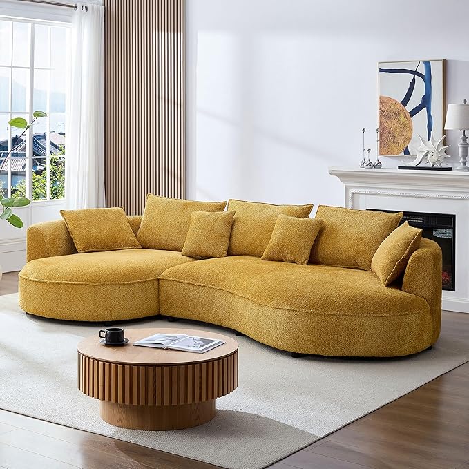 124.8 Yellow Bonded Curved Sofa Living Room Cloud Couch Modern Upholstery Boucle Sofa Comfy Lazy Cream White Modular Sectional Sofa with Pillows for Bedroom Apartment Left Facing