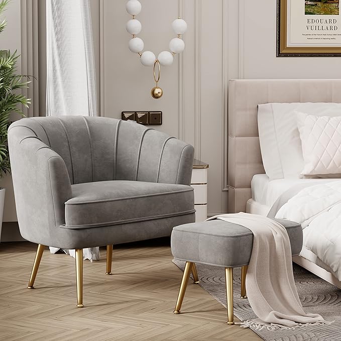 Andeworld Velvet Accent Chair with Ottoman Upholstered Modern Single Sofa Side ChairComfy Barrel Club Living Room Armchair with Golden Metal Legs for Bedroom Living Reading Room Office Grey