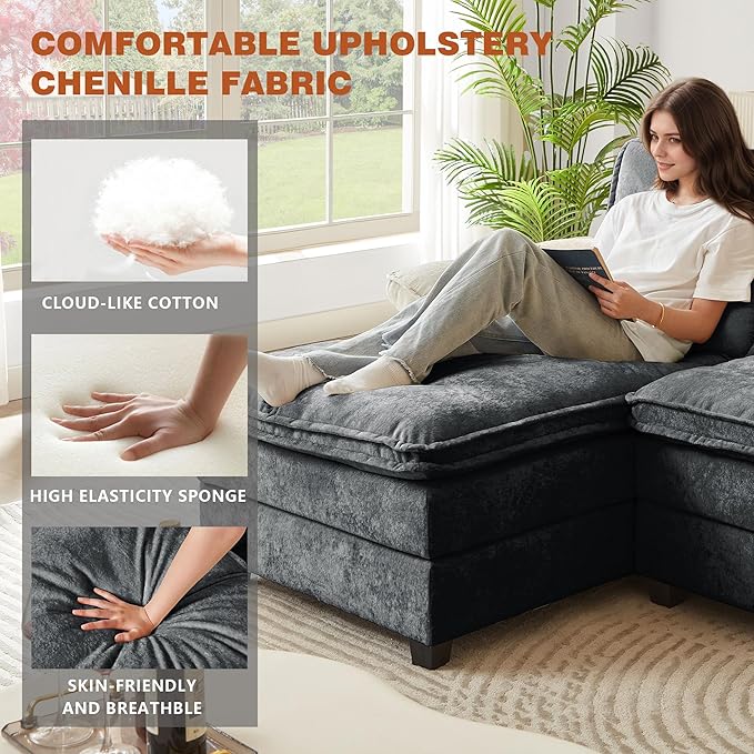 113 Oversized Cloud Couch U Shape Sectional 4 Seat Sofa with Double Chaises 2 Layer Cusions Deep Seat Comfy Sofa Upholstery Chenille Fabric for Living Room Dark Grey