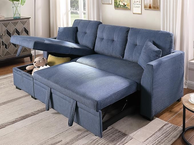 BEEY Sleeper Sofa 82 Corduroy Sectional Sofa Bed with Storage Chaise Convertible L Shaped Sofa Couch with Pull Out Bed for Bedroom Living Room Apartment Blue