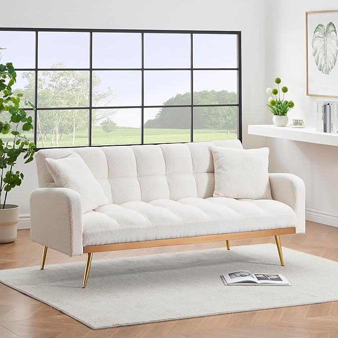 69 Convertible Sofa Bed with Two Throw Pillows Suitable for Living Room Bedrooms Offices Beige