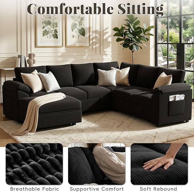 108 Inch Sectional Sleeper Sofa Bed with Pull Out Couch U Shaped 7 Seat Cloud Modular Sectional Sofa with Storage Corduroy Sectional Couches for Living Room Removable Sofa Cover Black
