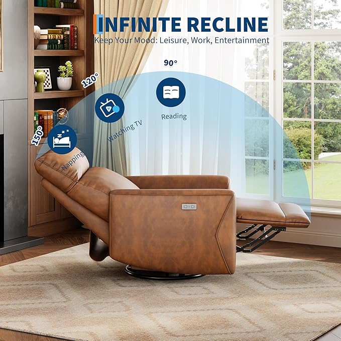 GAOMON Power Recliner Chair Swivel Rocker Chair for Adults Upholstered Fabric Glider Recliner Nursery Chair with USB Ports Ergonomic High Back Single Sofa Seat for Living Room Brown
