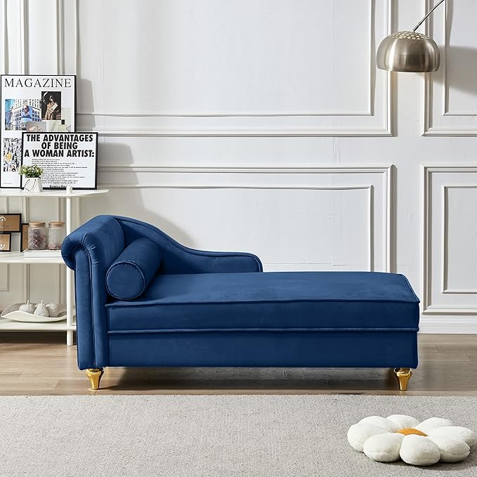 Chaise Lounge IndoorVelvet Lounge Chair with Hidden Storage &amp PillowModern Upholstered Corner Lounge Chair Sofa Bed with Solid Wood Frame for Sleeping Living Room Bedroom Office(Navy Blue)
