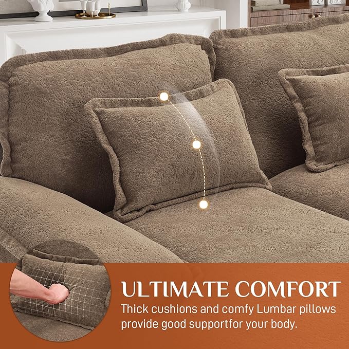 133 Oversized U Shaped Cloud Couch Modular Sectional Couches for Living Room Comfy Chenille Deep Seat Sofa Set with Double Chaise Lounge Storage Central Console Cup Holders USB Port Brown