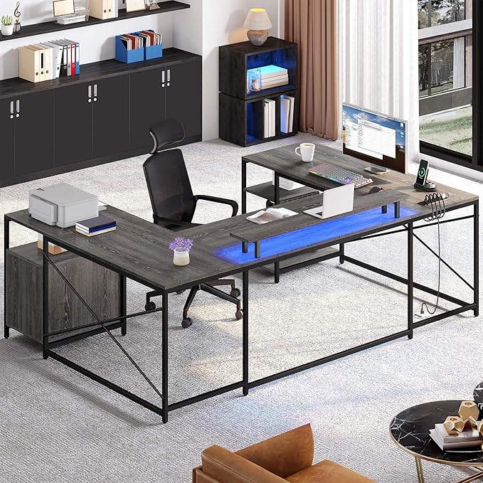 YITAHOME U Shaped Desk with Power Outlets &amp LED Lights 79 Reversible L Shaped Desk with Drawers Corner Computer Desk Office Desk with Monitor Stand &amp Storage Shelves Grey