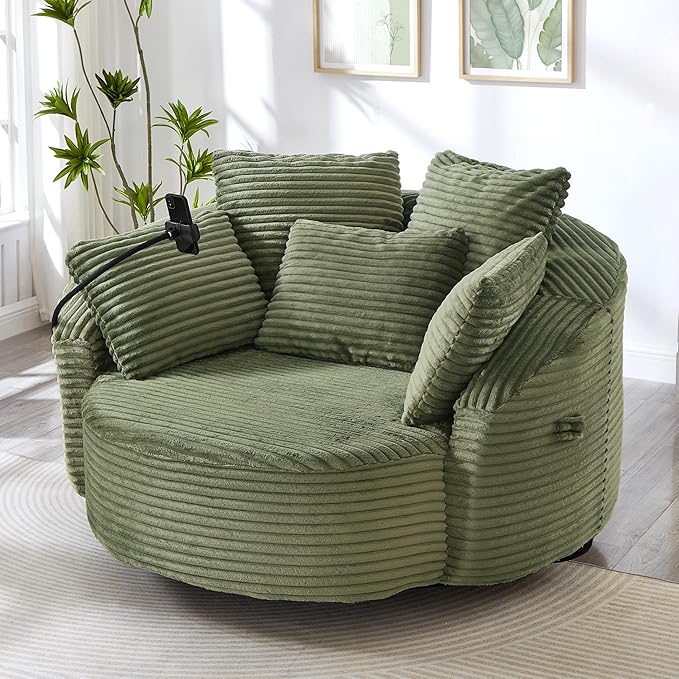 360° Swivel Accent Chair with 5 Throw Pillows Adjustable Phone Holder Corduroy Fabric Round Sofa Chair Barrel Chair with Semi-Wraparound Design for Living Room Office and Hotel (Green1)