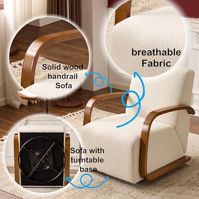 Modern Comfortable Reading Chair360°Swivel Accent Chair with Solid Wood Curved ArmsElegant Knit Linen Single Sofa for Living RoomBedroomOfficeReading NookBeige