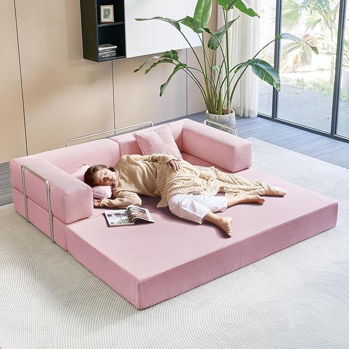 YINIX Foldable Sofa Bed 78'' Folding Floor Couch Compressed Convertable Sleeper Sofa Memory Foam Couch with Pillow Back Support Armrest 4-in-1 Futon Sofa Bed for Living Room Pink