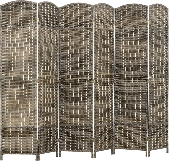 HOMCOM Room Divider 6 Ft 6 Panel Folding Privacy Screen Hand-Woven PP Wall Partition with Pine Wood Frame Freestanding Room Separator for Bedroom Home Office No Assembly Dark Rustic Oak