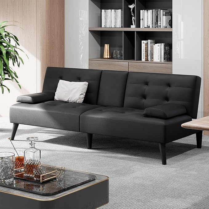Shintenchi Futon Sofa Bed Leather Foldable Couch Reclining Sleeper with Removable Armrests Upholstered Loveseat Sofa Couch with Folding Cup Holders for Home Office(Black)