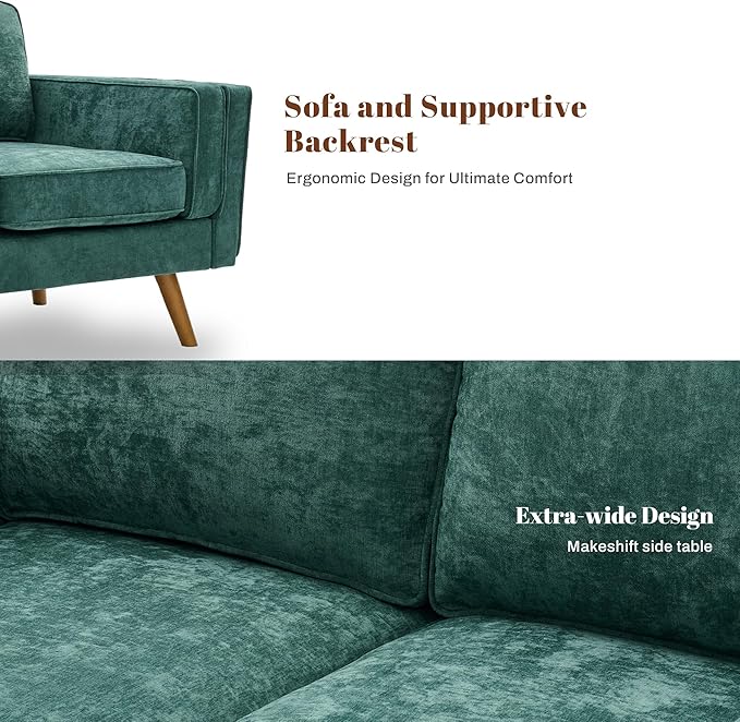 Kingfun Modern Accent Chair Living Room Chairs Chenille Reading Armchair Mid Century with Dual-Layer Armrests Solid Wood Frame Easy Assembly for Small Spaces Green
