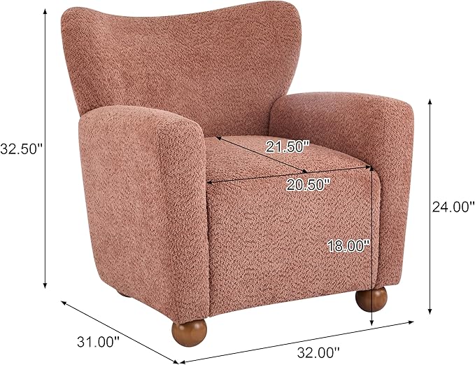 Christopher Knight Home Lindy Wingback Accent Chair Upholstered Armchair with Rounded Wooden Legs Curved Backrest Single Sofa Soft Cushion Seating Comfy Lounge Chair for Living Room Dusty Coral