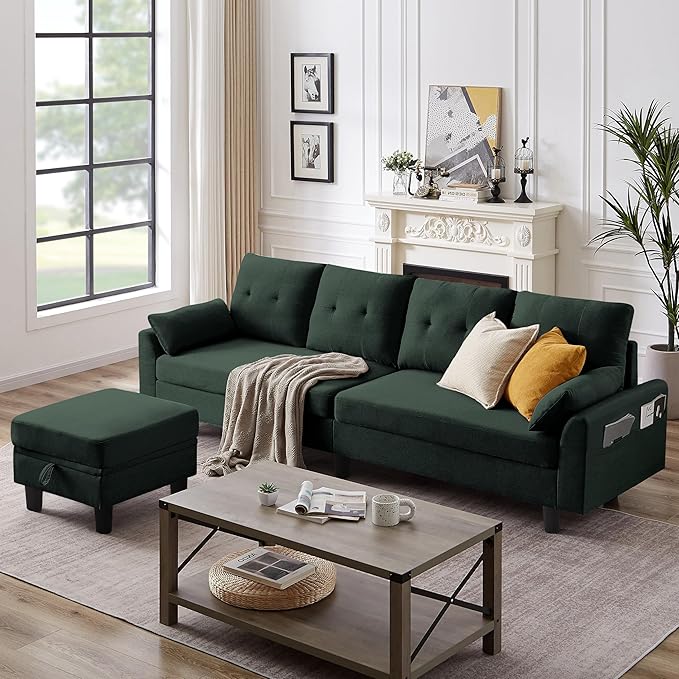 102 Convertible Sectional Sofa Modern L Shaped Couch with Storage Ottoman and Side Pockets 4 Seater Sofa for Living Room Apartment Green