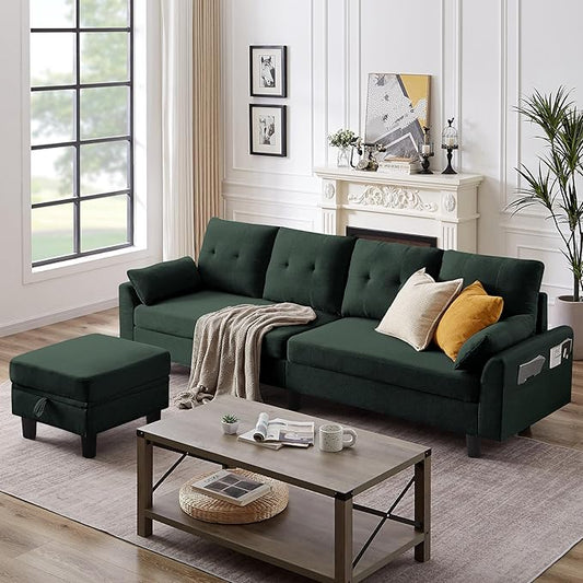 102 Convertible Sectional Sofa Modern L Shaped Couch with Storage Ottoman and Side Pockets 4 Seater Sofa for Living Room Apartment Green
