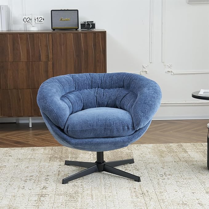 360°Swivel Accent ChairModern Chenille Office ChairRound Office Chairswith Removable CushionBlack Metal Base for Living RoomBedroomReading CornerOfficeAntique Navy Blue