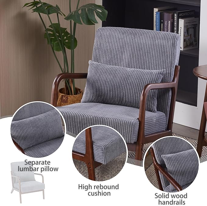 Mid Century Modern Accent Chair Upholstered Corduroy Armchair with Lumbar Pillow Solid Rubberwood Frame for Living Room Bedroom Waiting RoomDark Grey