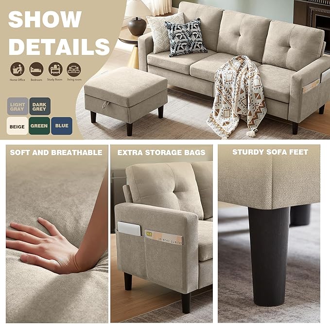 2 Piece Convertible Sectional Sofa Set 3-Seat L Shaped Couch with Storage Ottoman Side Pocket Single Seat Accent Chair Set for Small Spaces Polyester Fibre Beige