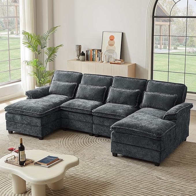 113 Oversized Cloud Couch U Shape Sectional 4 Seat Sofa with Double Chaises 2 Layer Cusions Deep Seat Comfy Sofa Upholstery Chenille Fabric for Living Room Dark Grey