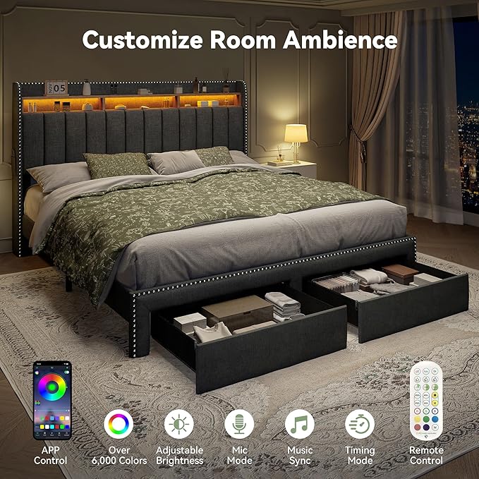 Torana Full LED Bed Frame with 2 Drawers Linen Upholstered Storage Wingback Headboard Beds Channel Tufted Platform Bedframe with Rivet Decor No Box Spring Needed Dark Grey