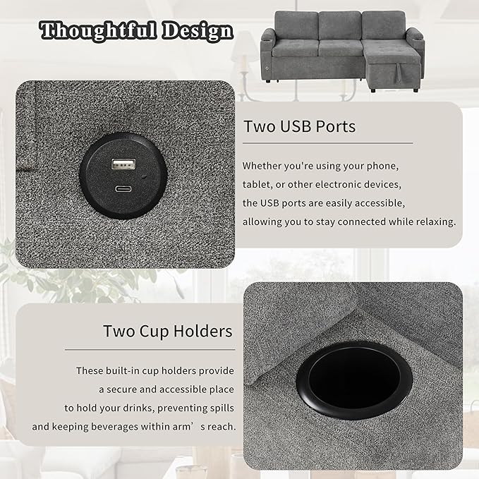 Harper &amp Bright Designs 83.5 L-Shaped Sofa Couch Convertible Sofa Bed Sectional Sofa with Ample Storage Space Two Cup Holders and Two USB Ports for Living Room Gray