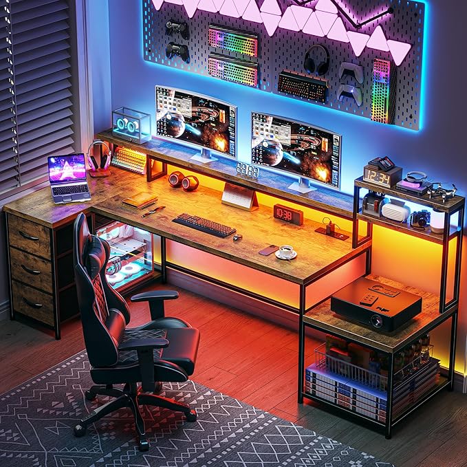 EnHomee 71 L Shaped Computer Desk with 3 Drawers &amp HutchReversible Gaming Desk with LED Lights &amp Power OutletHome Office Desks with Monitor Stand &amp Printer Shelf for Student School Rust