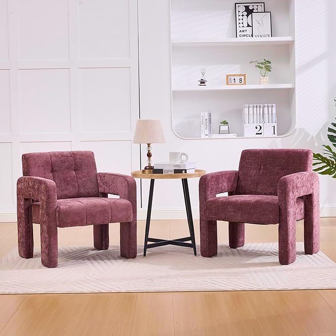 Upholstered Armchair Modern Accent Chair with Chenille Fabric for Living Room Comfortable Padded Single Seat Lounge Chair for Bedroom Office Reading Nook (Wine Red)