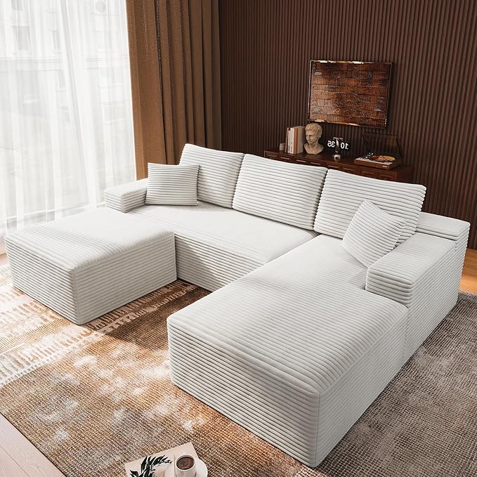 3-Piece Boneless Modular Sectional Sofa Cloud Couch Right Facing Chaise with Ottoman Oversized Deep Seat Soft Corduroy Fabric Sectional Couch for Living Room-White