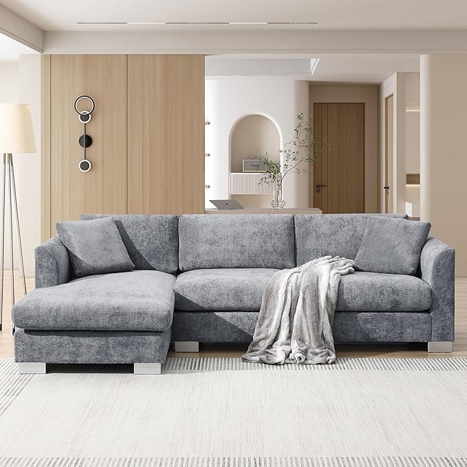 Deep Seat Oversized L Shaped Modular Sectional Sofa with Extra Wide Chaise 4 Seater Cloud Lounge Sofa Corner Couch with Metal Legs and Detachable Cushions for Living Room Apartment Chenille Fabric