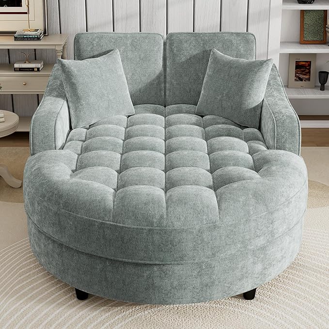 Merax 55 Modern Chaise Lounge Sofa Bed Chenille Upholstered Couch with Tufted Seat and Removable &amp Adjustable Pillows for Living Room Misty Green