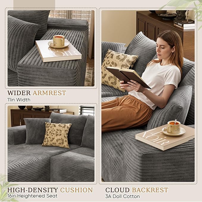 YESHOMY Boneless Couches for Living Room 108 Sectional Modular Sectional Sofa with Deep Seat Cloud Comfy Couch with L-Shape Chaise Easy Assembly (Corduroy Gray)