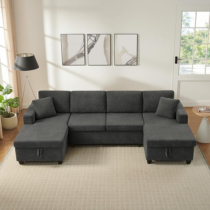 VANOMi 113 U Shaped Modular Sofa with Pull Out Bed &amp Storage Modern Sectional Sleeper Sofa with Chaise Chenille Sectional Couches for Living Room Small Space Apartment Dark Grey | Pull Out B