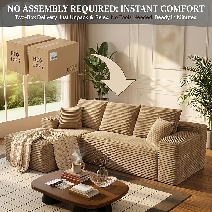 107 L-Shaped 6-Sea Modular Sectional Sofa Cloud Boneless Deep Seat Corduroy Couch with Left Facing Chaise Lounge Flexible Modular Design No Assembly for Living Room Brown