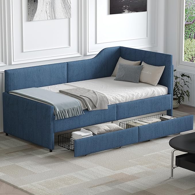 Twin Size Daybed L-Shaped Modern Corduroy Upholstered Sofa Day Bed Frame with Storage Drawers for Living Room Bedroom Guest Room No Box Spring Needed (Blue)