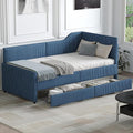 Twin Size Daybed L-Shaped Modern Corduroy Upholstered Sofa Day Bed Frame with Storage Drawers for Living Room Bedroom Guest Room No Box Spring Needed (Blue)