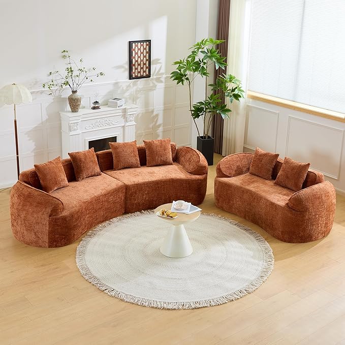 109'' Modern Curved Sectional Sofa Luxury Plush Chenille Upholstered Couch Comfy Cloud Compressed Sofa with 4 Pillows for Living Room Apartment Office No Assembly Needed Orange