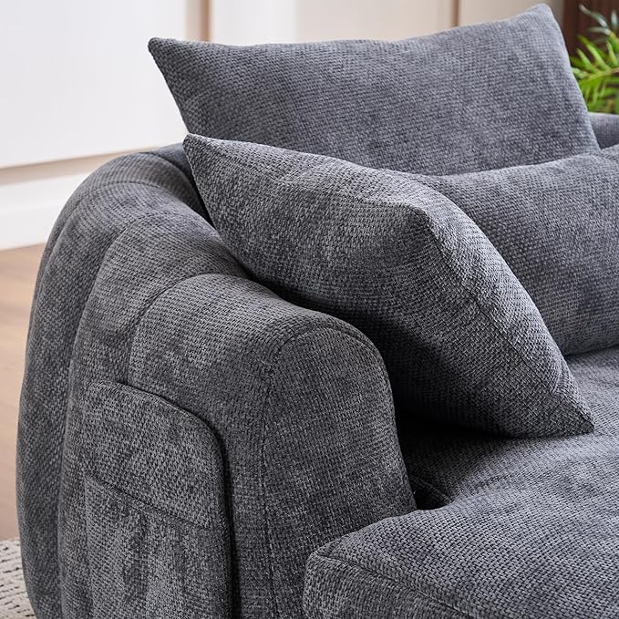 Oversized Chaise Lounge Indoor Deep Seat Boneless Sofa Bed with Throw Pillows Plush Chenille Fabric No Assembly Required Comfy Sleeper Sofa for Living Room Bedroom (Grey with Pocket)