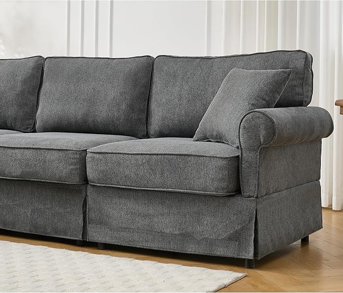KEIKI 94 L-Shaped Oversized Modular Linen Sectional Sofa with Rolled Arms Cushion Back Modern Style Convertible 5-Seater Corner Couch Easy Assembly for Apartment Living Room Bedroom Dark Gray