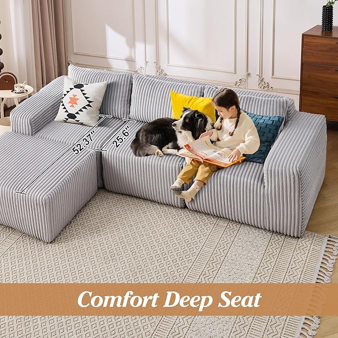 101 Cloud Couch Boneless Modular Sofa Compression Memory Foam Sectional Couches Comfy Corduroy L Shaped Sofas with Chaise Lounge for Living Room No Assembly Required (Light Gray 101in)