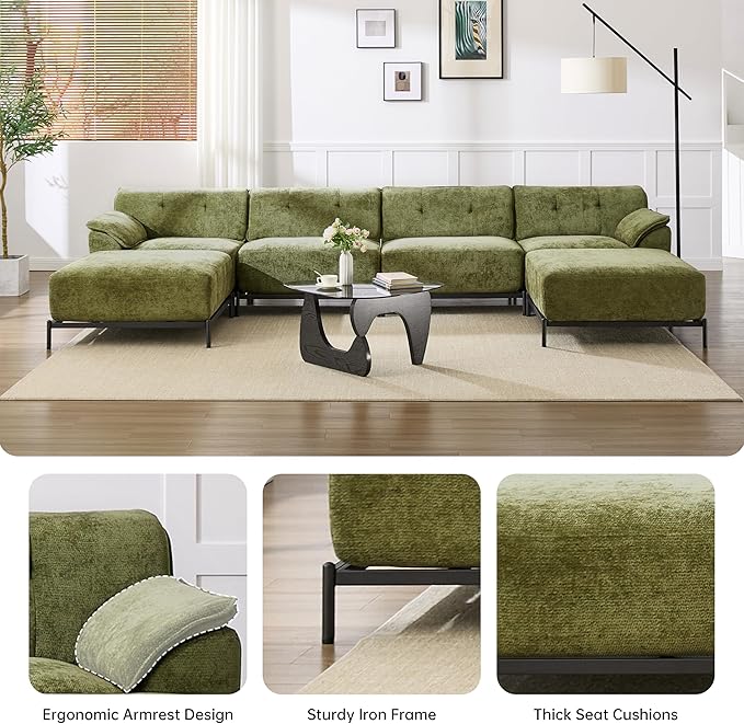 VKNOW 106 Couches for Living Room Modular Sectional Sofa with Wide Armrests and Solid Iron Frame Compressed Couch for Living RoomOfficeChenille FabricGreen