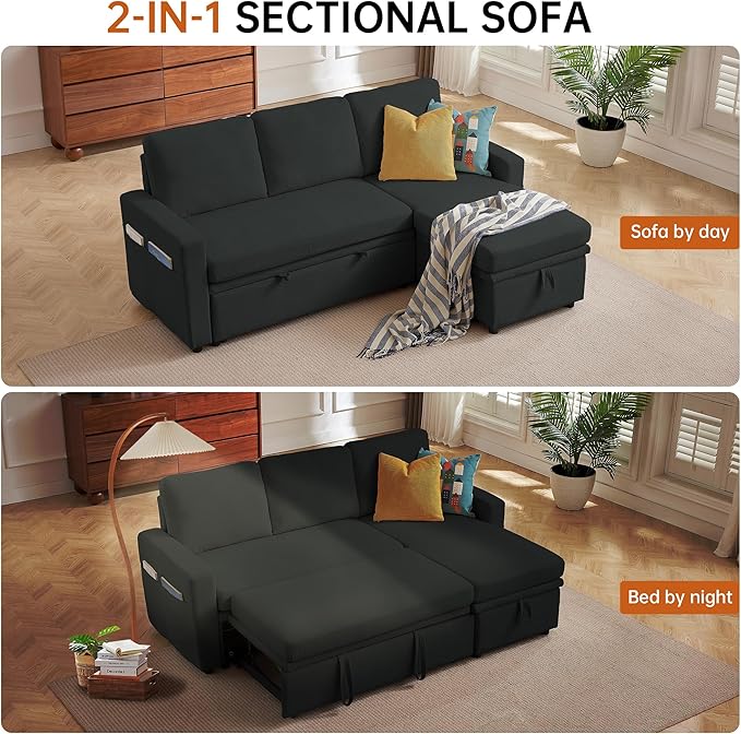 79 Sleeper Sofa Bed Convertible Sofa Pull Out Couch with Storage | Reversible Chaise | L Shaped | Layered Storage | 3-Seater Comfy Sectional Couch Pullout Bed for Living Room Black