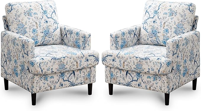 Mid-Century Accent ChairModern Linen Fabric Armchair for Living RoomComfy Upholstered Reading Accent Chairs for BedroomSingle Sofa Chair with Wood Legs (Blue Flowered Bird 2 Pack)