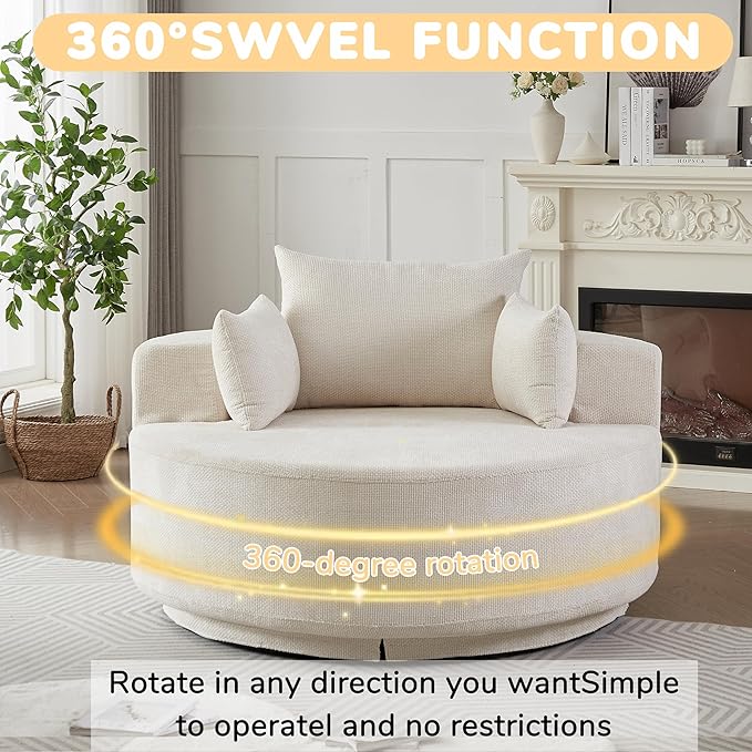KEIKI 55 Oversized Swivel Accent Chair Chenille Barrel Chairs Upholstered Round Swivel Chair Single Sofa Armchair Sleeper Chair for Living Room Lounge Beige
