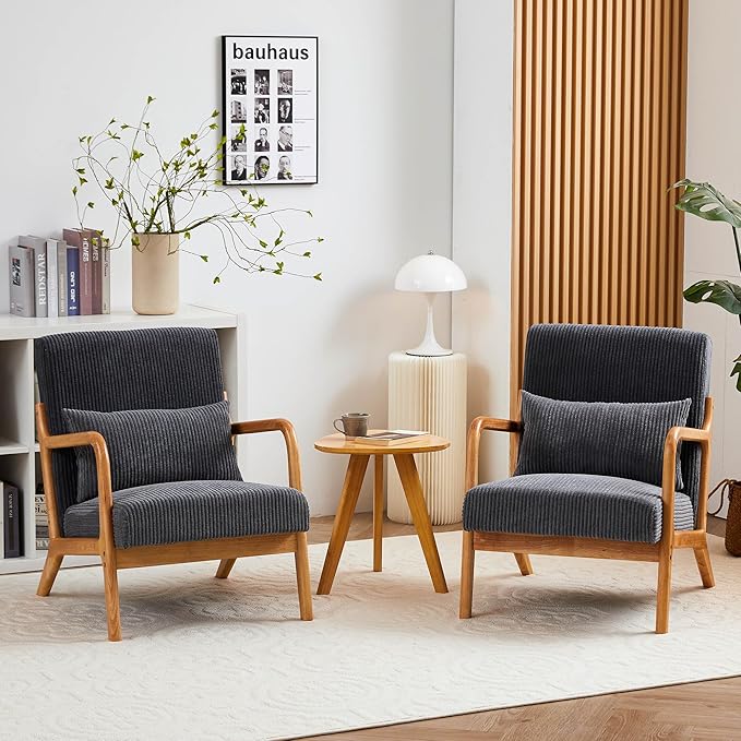 Mid-Century Accent Chair Upholstered Fabric Living Room Chair with Solid Wood Frame Modern Small Side Arm Chairs Comfy Wingback Reading Chair for Bedroom Office (Dark Grey A)