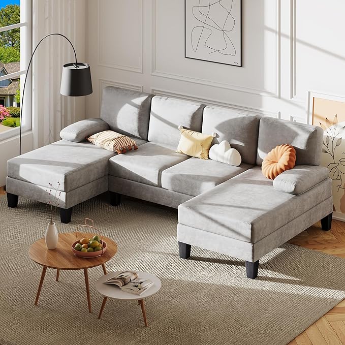 Bezseller 107.3 Sectional Couches for Living Room U Shaped Modular Sofa Couch with Cushion &amp Chenille Fabric 4-Seat Comfy Furniture Sets with Double Chaise for Apartment Reception Room Grey