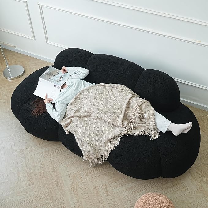 Modern Curved Sofa 3 Seater Soft Sherpa Upholstered Sofa Minimalist Style Comfy Cloud Couch for Living Room Apartment Black